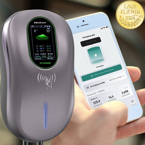 Qoltec Stacja ładowania EV 2w1 Typ2 | 22kW | LCD | 2 Karty EV | 3 fazy | Wallbox | Hotel system | 5m