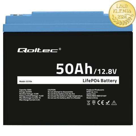 Qoltec Akumulator LiFePO4 Litowo-Żelazowo-Fosforanowy | 12.8V | 50Ah | 640Wh| BMS