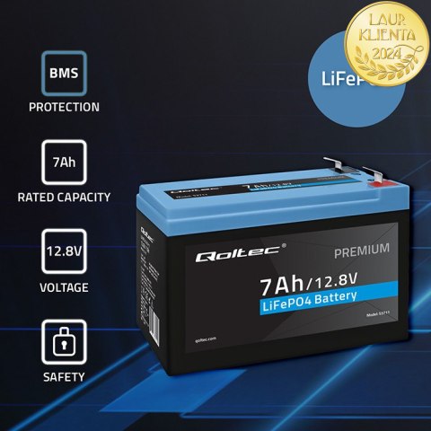 Qoltec Akumulator LiFePO4 Litowo-Żelazowo-Fosforanowy | 12.8V | 7Ah | 89.6Wh | BMS