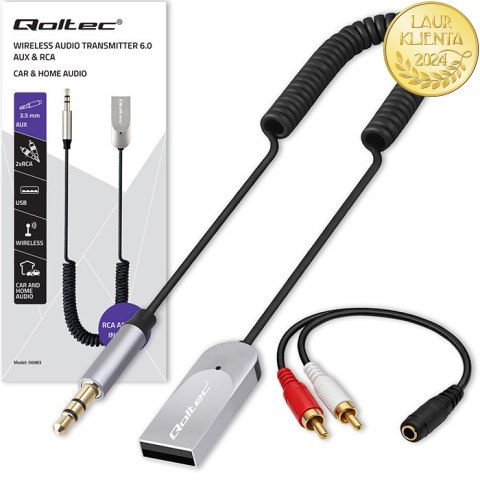 Qoltec Bezprzewodowy adapter odbiornik dźwięku Audio HiFi Home&Car| Bluetooth 6.0 | 2 x RCA | 1 x AUX MiniJack 3.5mm| USB | Mikr