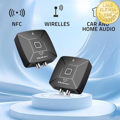 Qoltec Bezprzewodowy transmiter odbiornik Audio HiFi Home&Car| Bluetooth 6.0 | NFC | 2 x RCA | 1 x AUX MiniJack 3.5mm| Mikrofon
