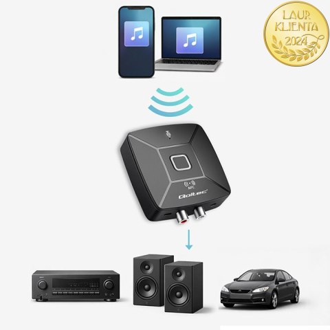 Qoltec Bezprzewodowy transmiter odbiornik Audio HiFi Home&Car| Bluetooth 6.0 | NFC | 2 x RCA | 1 x AUX MiniJack 3.5mm| Mikrofon