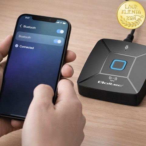 Qoltec Bezprzewodowy transmiter odbiornik Audio HiFi Home&Car| Bluetooth 6.0 | NFC | 2 x RCA | 1 x AUX MiniJack 3.5mm| Mikrofon