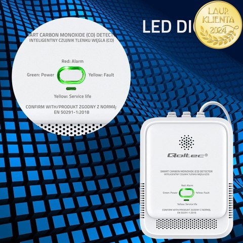 Qoltec Certyfikowany Czujnik tlenku węgla (czadu) | detektor CO | alarm 85dB | LED
