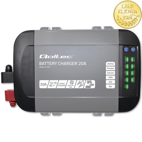 Qoltec Inteligentna ładowarka Monolith do akumulatorów LiFePO4 AGM GEL SLA | 20A | 12V