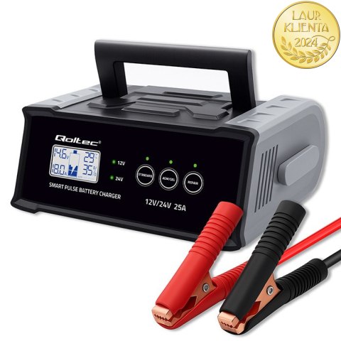 Qoltec Inteligentna mikroprocesorowa ładowarka 12V 24V 25A| Prostownik z funkcją naprawy do akumulatora AGM GEL SLA | LCD