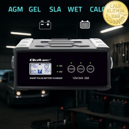Qoltec Inteligentna mikroprocesorowa ładowarka 12V 24V 25A| Prostownik z funkcją naprawy do akumulatora AGM GEL SLA | LCD