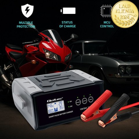 Qoltec Inteligentna mikroprocesorowa ładowarka 12V 24V 25A| Prostownik z funkcją naprawy do akumulatora AGM GEL SLA | LCD