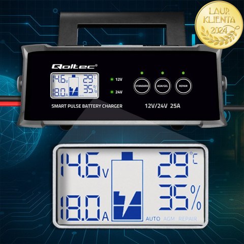 Qoltec Inteligentna mikroprocesorowa ładowarka 12V 24V 25A| Prostownik z funkcją naprawy do akumulatora AGM GEL SLA | LCD