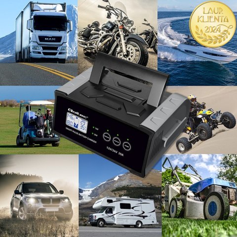 Qoltec Inteligentna mikroprocesorowa ładowarka 12V 24V 25A| Prostownik z funkcją naprawy do akumulatora AGM GEL SLA | LCD