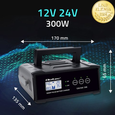 Qoltec Inteligentna mikroprocesorowa ładowarka 12V 24V 25A| Prostownik z funkcją naprawy do akumulatora AGM GEL SLA | LCD