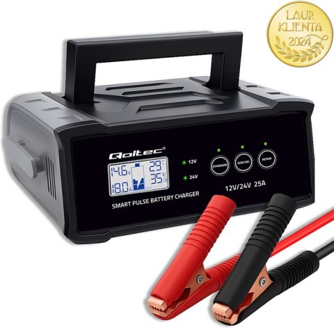 Qoltec Inteligentna mikroprocesorowa ładowarka 12V 24V 25A| Prostownik z funkcją naprawy do akumulatora AGM GEL SLA | LCD