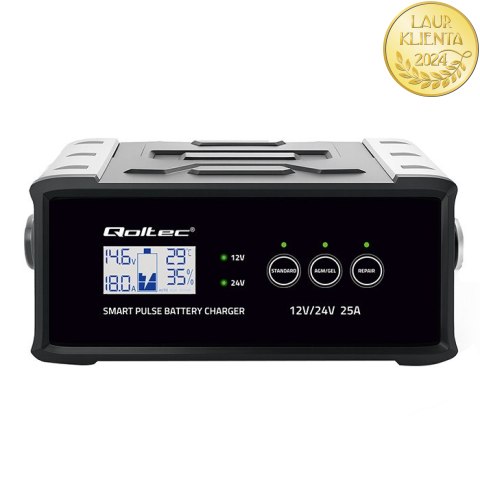 Qoltec Inteligentna mikroprocesorowa ładowarka 12V 24V 25A| Prostownik z funkcją naprawy do akumulatora AGM GEL SLA | LCD