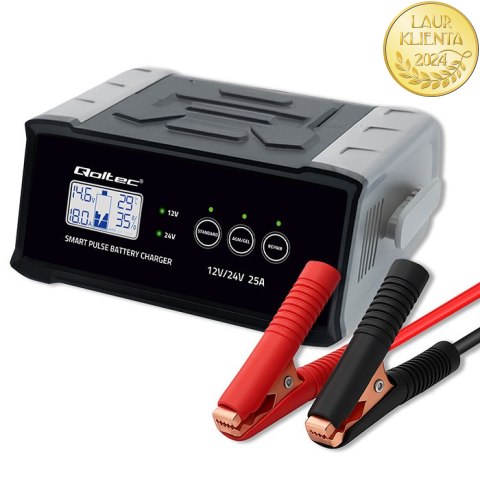 Qoltec Inteligentna mikroprocesorowa ładowarka 12V 24V 25A| Prostownik z funkcją naprawy do akumulatora AGM GEL SLA | LCD