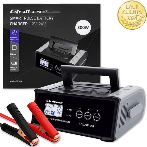 Qoltec Inteligentna mikroprocesorowa ładowarka 12V 24V 25A| Prostownik z funkcją naprawy do akumulatora AGM GEL SLA | LCD