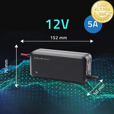 Qoltec Inteligentna mikroprocesorowa ładowarka 12V | 5A | Prostownik do akumulatora AGM GEL SLA | 6 - stopniowe ładowanie