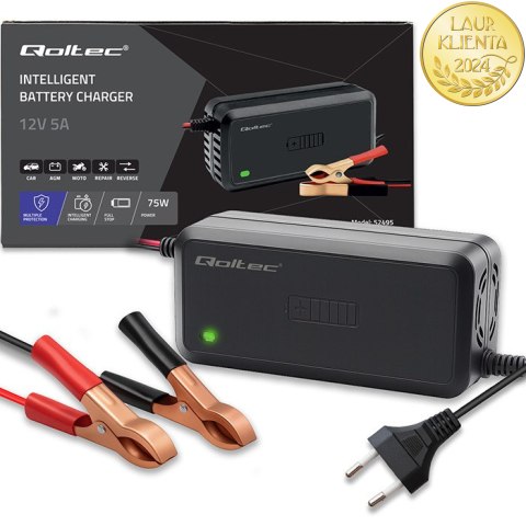 Qoltec Inteligentna mikroprocesorowa ładowarka 12V | 5A | Prostownik do akumulatora AGM GEL SLA | 6 - stopniowe ładowanie