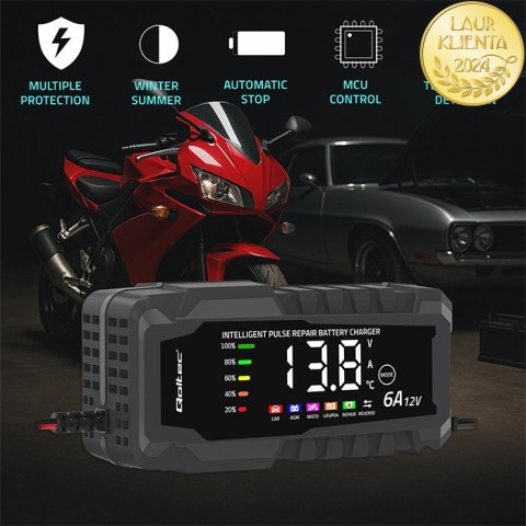 Qoltec Inteligentna mikroprocesorowa ładowarka 12V 6A | Prostownik z funkcją naprawy do akumulatora AGM GEL LiFePO4 | LCD