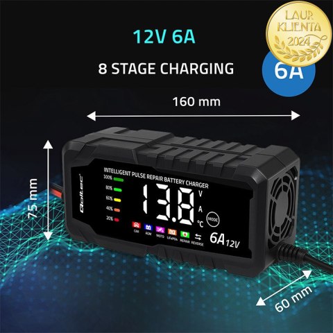 Qoltec Inteligentna mikroprocesorowa ładowarka 12V 6A | Prostownik z funkcją naprawy do akumulatora AGM GEL LiFePO4 | LCD