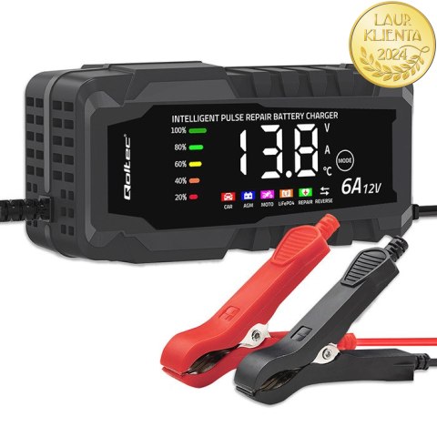 Qoltec Inteligentna mikroprocesorowa ładowarka 12V 6A | Prostownik z funkcją naprawy do akumulatora AGM GEL LiFePO4 | LCD