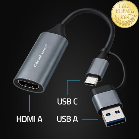 Qoltec Karta przechwytywania obrazu | Adapter USB-C USB-A | HDMI | 4K 30Hz | Aluminium