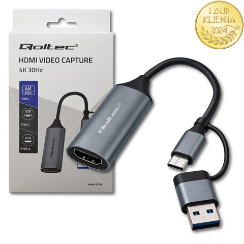 Qoltec Karta przechwytywania obrazu | Adapter USB-C USB-A | HDMI | 4K 30Hz | Aluminium