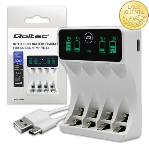 Qoltec Ładowarka do akumulatorków Ni-MH typu R03 AAA R6 AA | LCD | Kabel USB-C | Biała