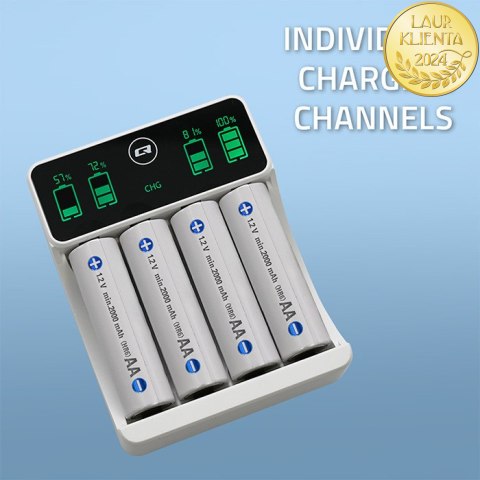 Qoltec Ładowarka do akumulatorków Ni-MH typu R03 AAA R6 AA | LCD | Kabel USB-C | Biała
