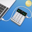 Qoltec Ładowarka do akumulatorków Ni-MH typu R03 AAA R6 AA | LCD | Kabel USB-C | Biała
