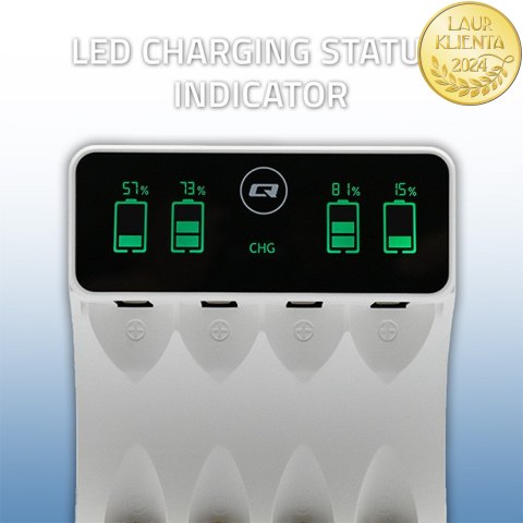 Qoltec Ładowarka do akumulatorków Ni-MH typu R03 AAA R6 AA | LCD | Kabel USB-C | Biała