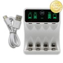 Qoltec Ładowarka do akumulatorków Ni-MH typu R03 AAA R6 AA | LCD | Kabel USB-C | Biała