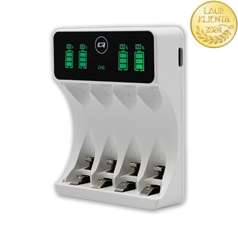 Qoltec Ładowarka do akumulatorków Ni-MH typu R03 AAA R6 AA | LCD | Kabel USB-C | Biała