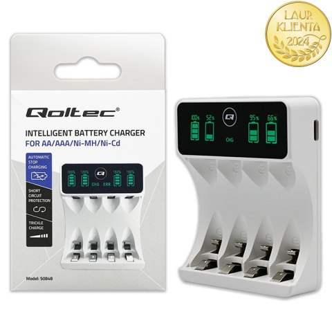 Qoltec Ładowarka do akumulatorków Ni-MH typu R03 AAA R6 AA | LCD | Kabel USB-C | Biała