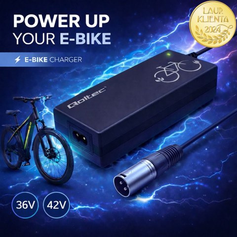 Qoltec Ładowarka do roweru elektrycznego 36V | 42V | 2A | 3P XLR-18mm +kabel zasilający
