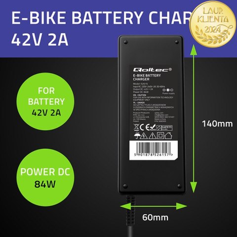 Qoltec Ładowarka do roweru elektrycznego 36V | 42V | 2A | 3P XLR-18mm +kabel zasilający