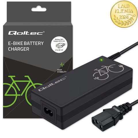 Qoltec Ładowarka do roweru elektrycznego 36V | 42V | 2A | C14-IEC-3Pin +kabel zasilający