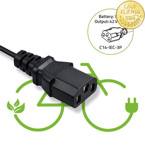 Qoltec Ładowarka do roweru elektrycznego 36V | 42V | 2A | C14-IEC-3Pin +kabel zasilający