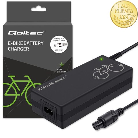 Qoltec Ładowarka do roweru elektrycznego 36V | 42V | 2A | GX12-3Pin +kabel zasilający