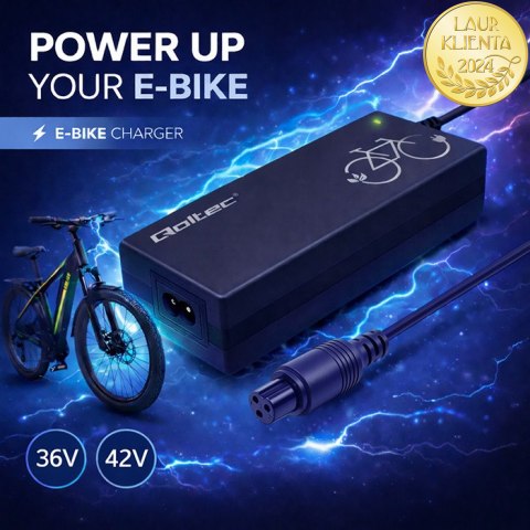Qoltec Ładowarka do roweru elektrycznego 36V | 42V | 2A | GX12-3Pin +kabel zasilający
