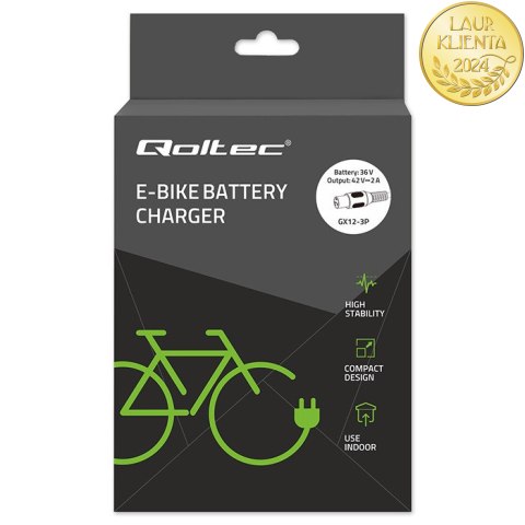 Qoltec Ładowarka do roweru elektrycznego 36V | 42V | 2A | GX12-3Pin +kabel zasilający