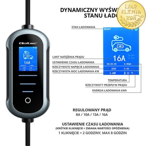 Qoltec Mobilna ładowarka do samochodu elektrycznego EV z regulacją 2w1 Typ2 | 11kW | 400V | Wi-fi | TUYA | SMART LIFE | LCD | Pr
