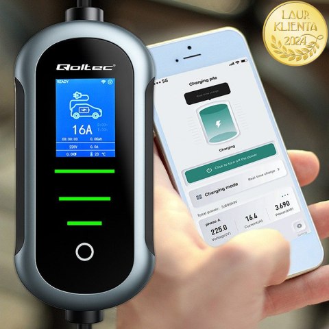 Qoltec Mobilna ładowarka do samochodu elektrycznego EV z regulacją 2w1 Typ2 | 22kW | 400V | Wi-fi | TUYA | SMART LIFE | LCD | Pr