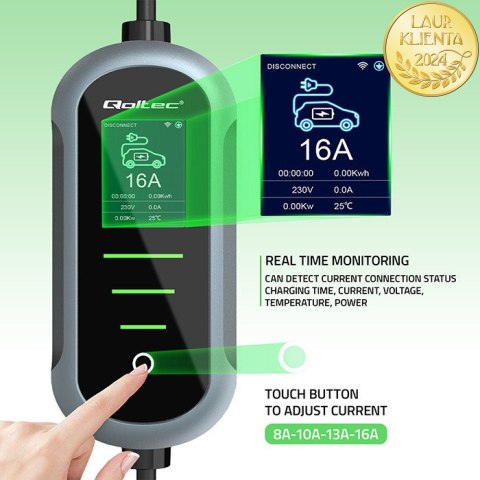 Qoltec Mobilna ładowarka do samochodu elektrycznego EV z regulacją 2w1 Typ2 | 22kW | 400V | Wi-fi | TUYA | SMART LIFE | LCD | Pr