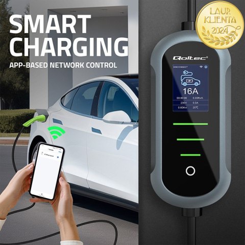 Qoltec Mobilna ładowarka do samochodu elektrycznego EV z regulacją 2w1 Typ2 | 22kW | 400V | Wi-fi | TUYA | SMART LIFE | LCD | Pr