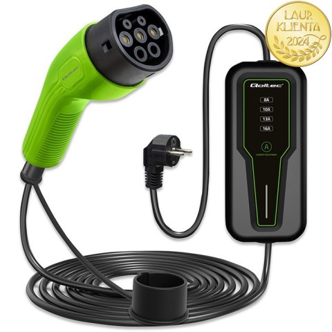 Qoltec Mobilna ładowarka do samochodu elektrycznego EV z regulacją 2w1 Typ2 | 3.5kW | 230V | LCD | Przenośna | 4m