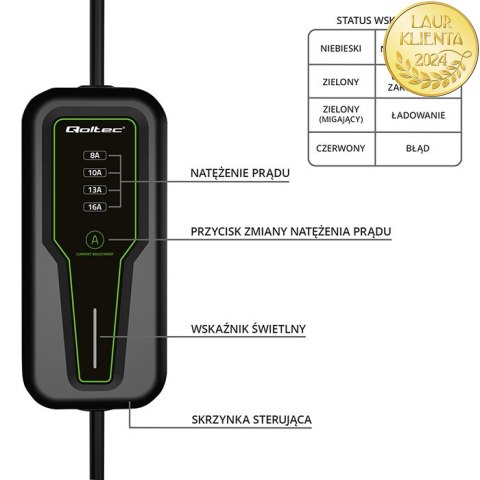 Qoltec Mobilna ładowarka do samochodu elektrycznego EV z regulacją 2w1 Typ2 | 3.5kW | 230V | LCD | Przenośna | 4m