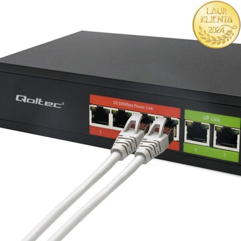 Qoltec Przełącznik sieciowy SWITCH FAST Ethernet PoE | 4x RJ45 | 2x RJ45 Uplink | 65W | 10/100Mb/s