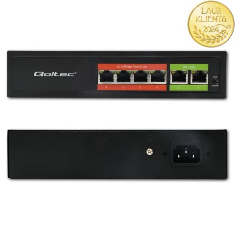 Qoltec Przełącznik sieciowy SWITCH FAST Ethernet PoE | 4x RJ45 | 2x RJ45 Uplink | 65W | 10/100Mb/s
