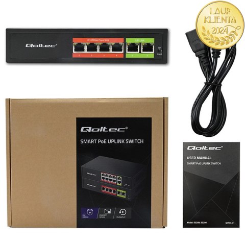 Qoltec Przełącznik sieciowy SWITCH FAST Ethernet PoE | 4x RJ45 | 2x RJ45 Uplink | 65W | 10/100Mb/s