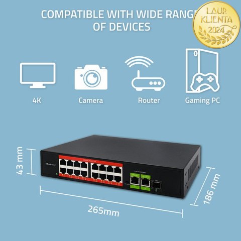 Qoltec Przełącznik sieciowy SWITCH Fast Ethernet PoE | 16x RJ45 10/100 Mb/s | 2x RJ45 Uplink 1000 Mb/s | 1x SFP 1000 Mb/s